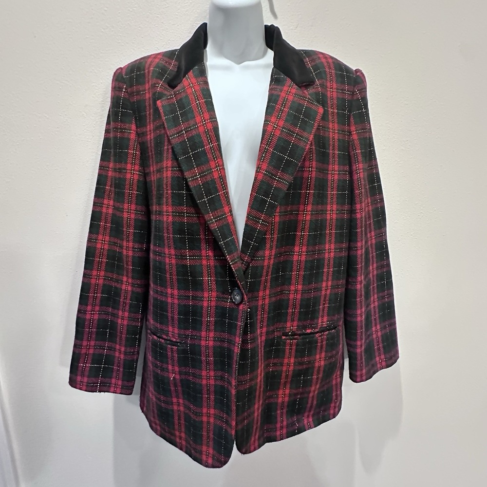 Vtg Sag Harbor Red Tartan‎ Plaid Wool Blazer Jacket 12 Office Academia Corpcore